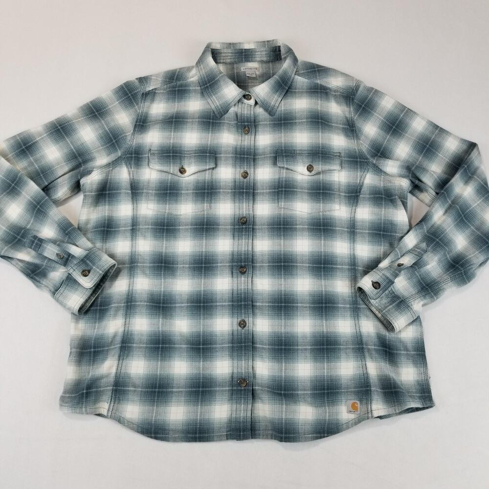 Carhartt Shirt Mens 2XL Blue Gray Plaid Button Down Flannel Stretch Casual - Picture 2 of 8